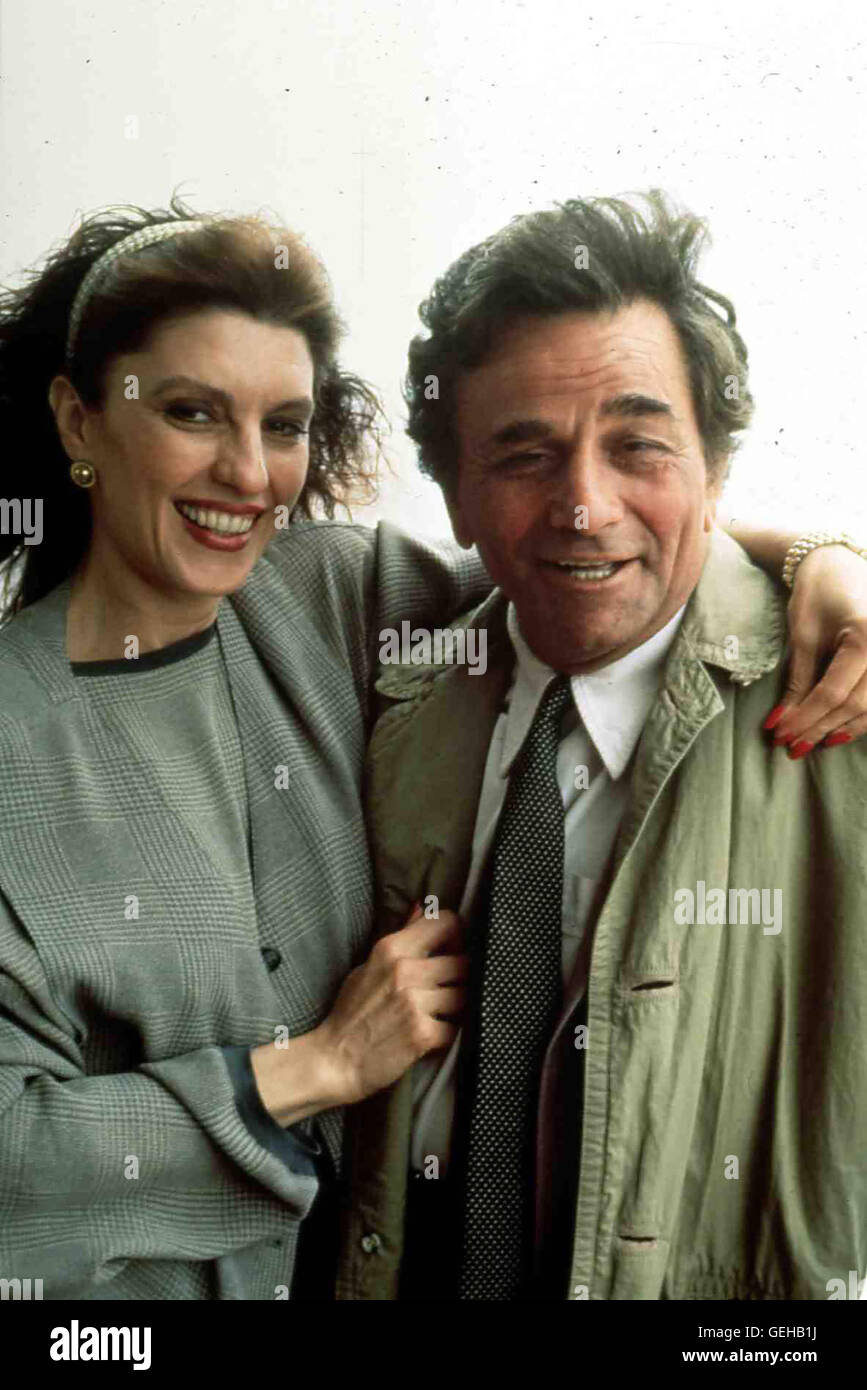 Shera Danese, Peter Falk Columbo (Peter Falk) kann nicht glauben, dass Max' Frau Vanessa (Shera Danese) ungewoehnlichen zufrieden mit dieser Situation ist. *** *** Légende locale, 1988 : Columbo Meurtre : un autoportrait, Columbo : Selbstbildnis mit Moerder Banque D'Images