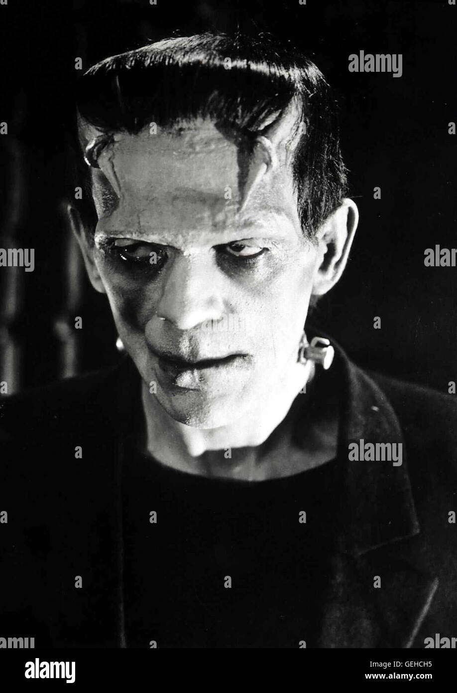 Boris Karloff Der Wissenschaftler Henry Frankenstein hat aus ein Leichenteilen Monster (Boris Karloff) zusammengebastelt, dessen Gehirn vormals der Verbrecher gehörte.. *** *** Légende locale 1931, années 1930, années 1930, er, Frankenstein, film de monstre, Frankenstein, portrait Banque D'Images