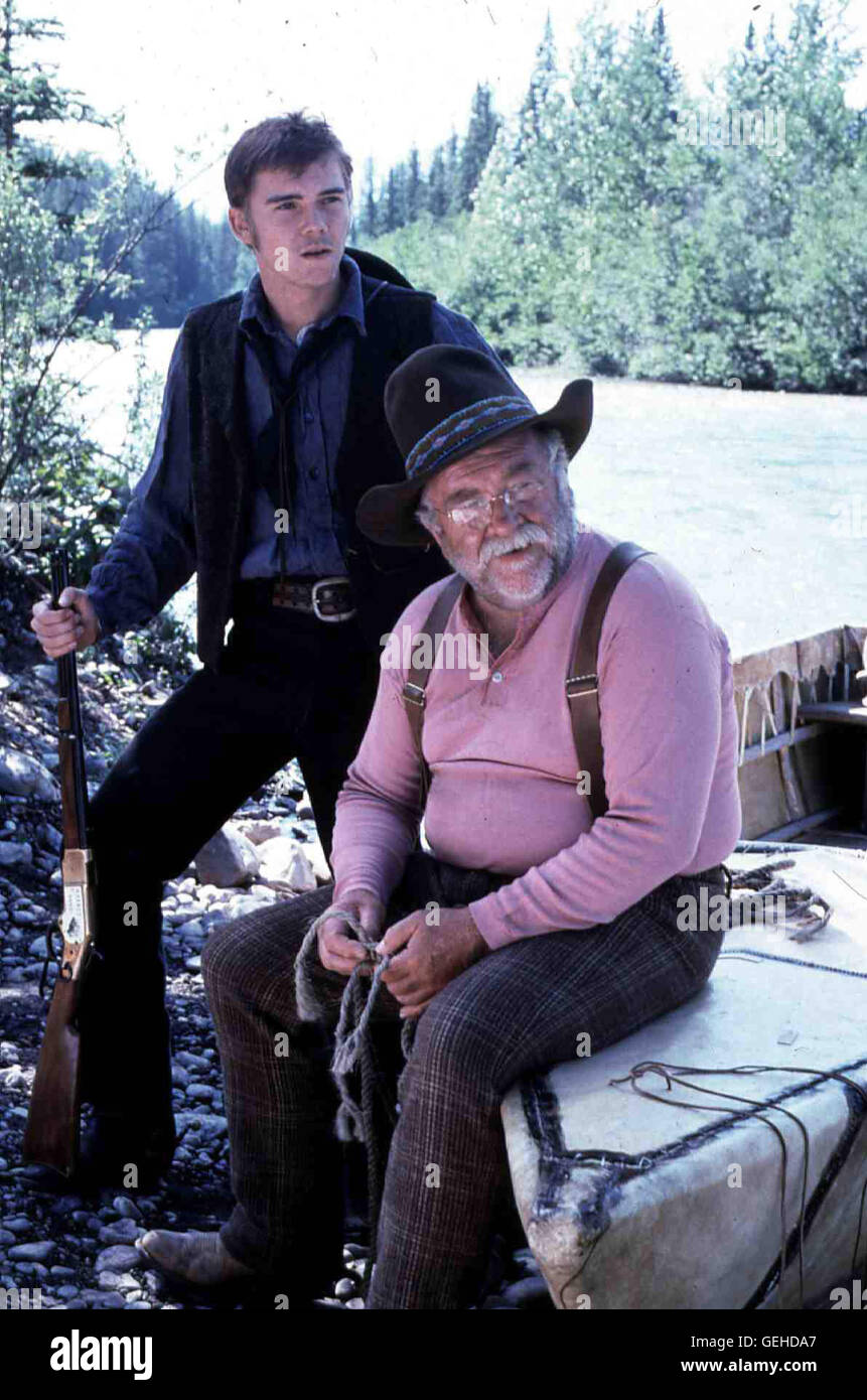 Rick Schroder, Wilford Brimley, Wilford Brimley (Culler) bringt Perls (Rick Schroeder) den Blood River entlang, um ihn zu verstecken vor seinen Haeschern. *** *** Légende locale 1990, Blood River, Blutiger Fluss Banque D'Images