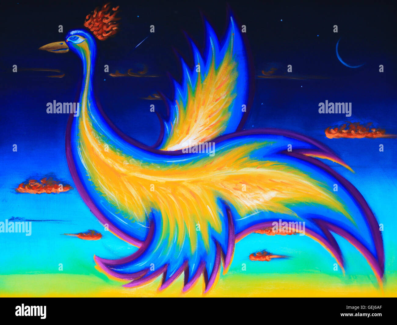 L'Art original illustration, peinture acrylique de phoenix, oiseau volant dans le ciel nocturne. Image horizontale. Banque D'Images