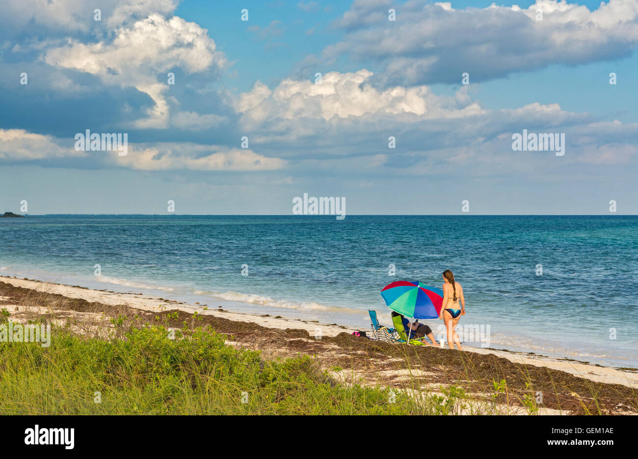 Floride, Bahia Honda State Park, les herbiers sur plage, parapluie, femme, bikini Banque D'Images