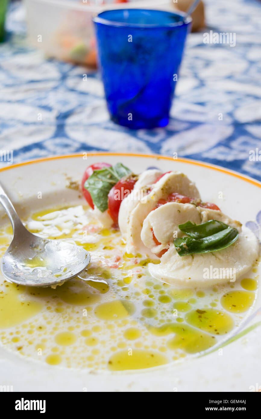 Salade Caprese faite de tranches de mozzarella, tomates et basilic vert, assaisonnées à l'huile d'olive Banque D'Images