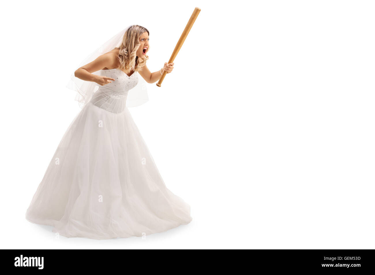 Portrait d'une femme en colère menace quelqu'un avec le baseball bat isolé sur fond blanc Banque D'Images