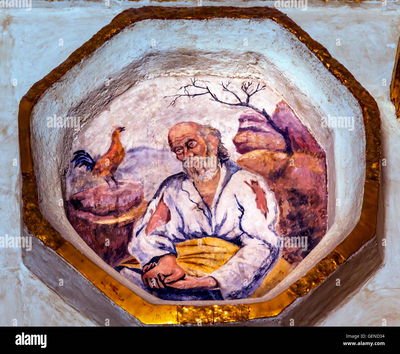 Peter niant Jésus avant Coq Fresco Sanctuaire de Jésus Atotonilco au Mexique. Construit dans les années 1700 Banque D'Images Peter niant Jésus avant Coq Fresco Sanctuaire de Jésus Atotonilco au Mexique. Construit dans les années 1700 Banque D'Images
