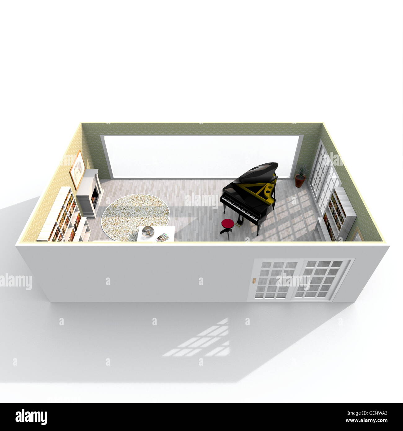 Le rendu 3D Intérieur vue en perspective d'une salle de séjour meublée avec piano noir Banque D'Images