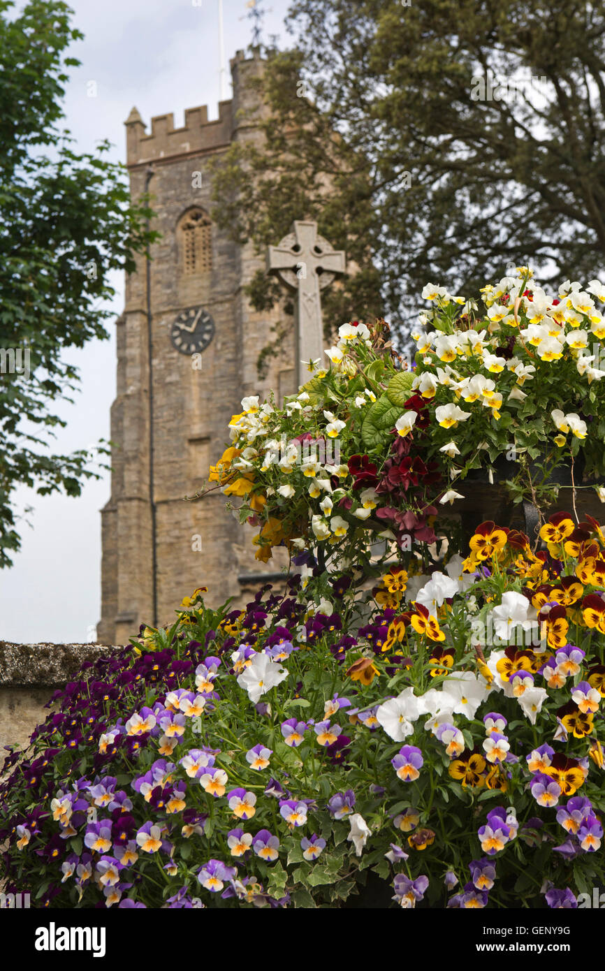 Royaume-uni, Angleterre, Devon, Greenbottom, Rue de l'Église, fleurs à l'extérieur de St Giles et église paroissiale Saint Nicolas Banque D'Images