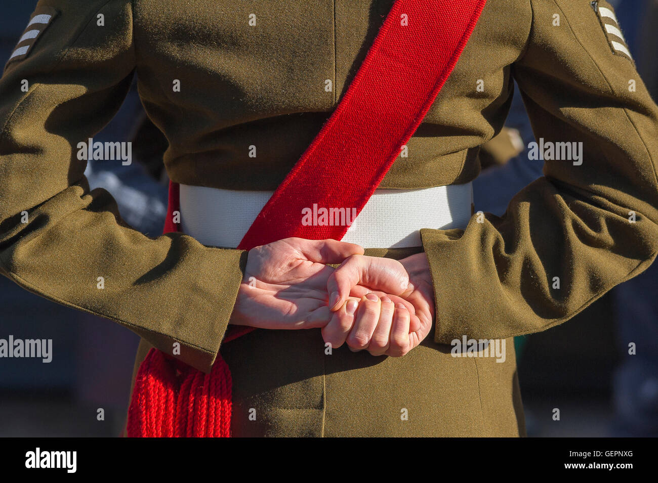 Soldat d'amy britannique, vue arrière d'un sergent de l'armée britannique debout sur le défilé du dimanche du souvenir à Bury St Edmunds, Suffolk, Angleterre, Royaume-Uni Banque D'Images