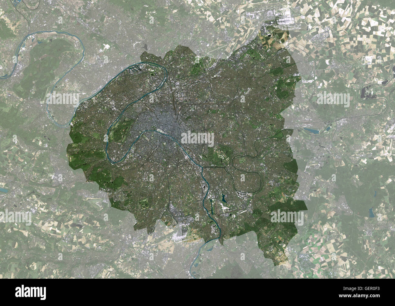 Image satellite (avec masque) du Grand Paris avec la ville de Paris au centre. Le territoire couvert est d'environ 60 km x 40 km. Cette image a été compilé à partir de données acquises par satellite Landsat 7. Banque D'Images