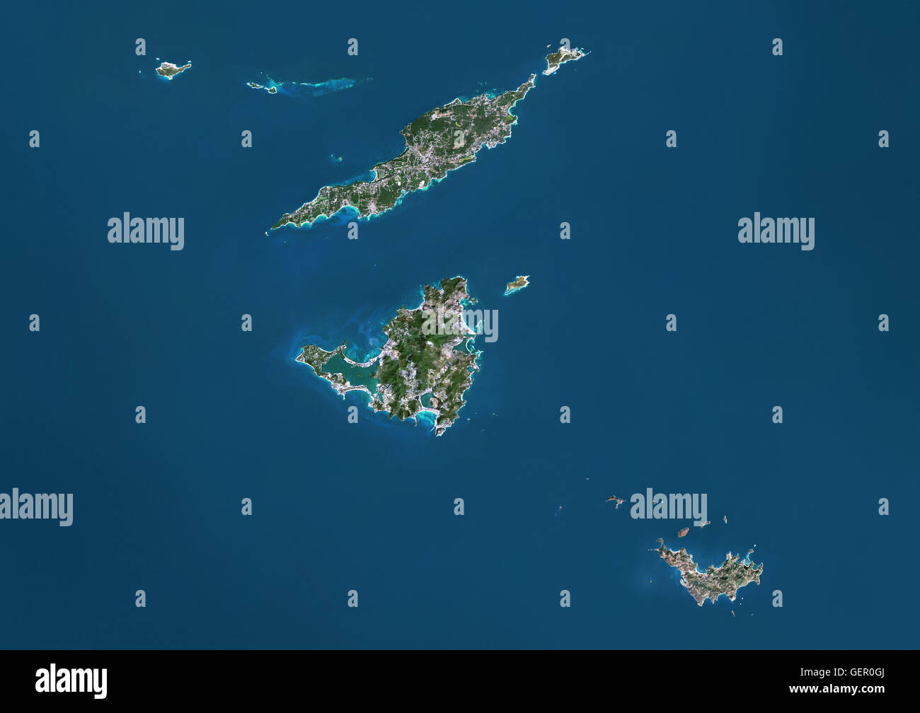 Vue d'Anguilla, îles Saint-Martin et Saint-Barthélemy. Au nord est de l'île, un territoire britannique d'outre-mer. Saint Martin ou Sint Marteen, au centre, est divisé entre la France et les Pays-Bas. Au sud est les îles de Saint Barth. Ce Banque D'Images