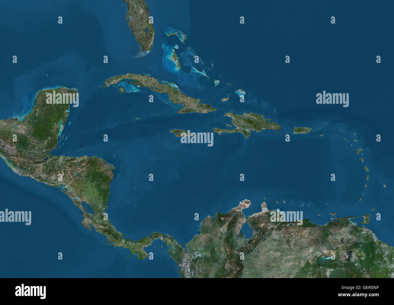 Vue Satellite de l'Amérique centrale et des Caraïbes. Cette image a été compilé à partir de données acquises par les satellites Landsat 7 et 8. Banque D'Images