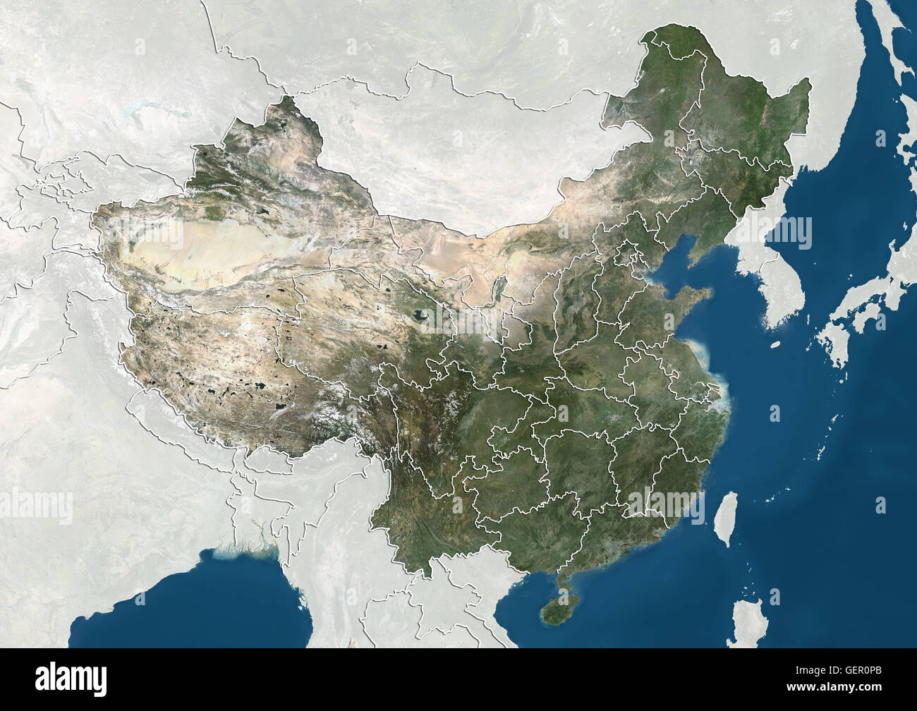 Vue satellite de la Chine avec les limites des provinces. Cette image a été compilé à partir de données acquises par les satellites Landsat. Banque D'Images