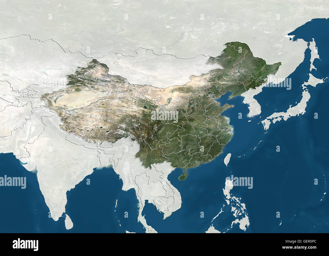 Vue satellite de la Chine avec les limites des provinces. Cette image a été compilé à partir de données acquises par les satellites Landsat. Banque D'Images