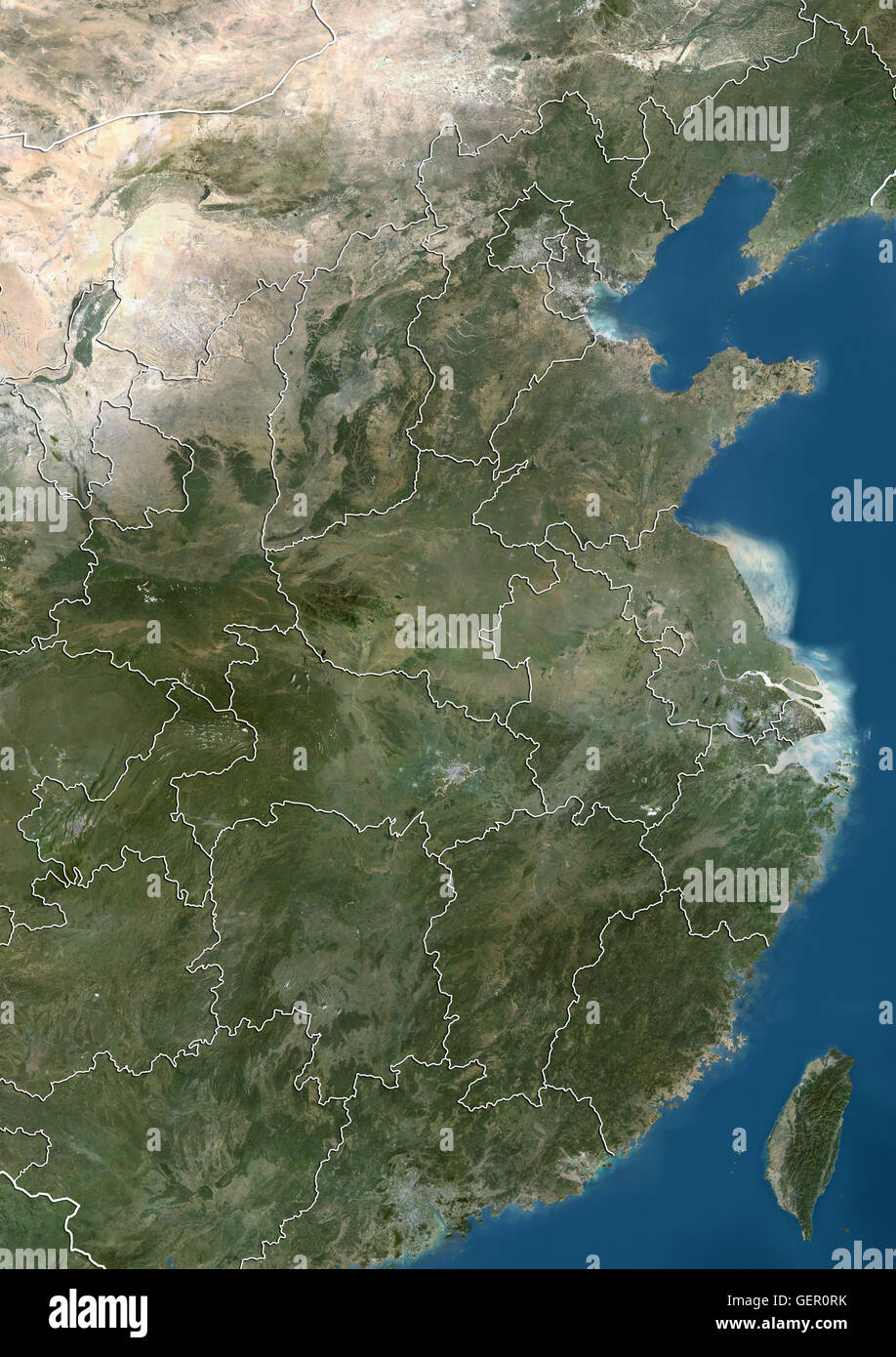 Vue satellite de la Chine centrale et orientale (avec des frontières). Cette image a été compilé à partir de données acquises par les satellites Landsat. Banque D'Images