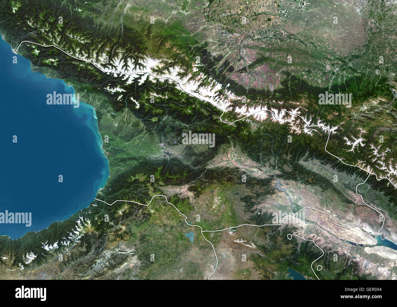 Vue satellite de la Géorgie (avec des frontières). Cette image a été compilé à partir de données acquises par satellite Landsat 8 en 2014. Banque D'Images