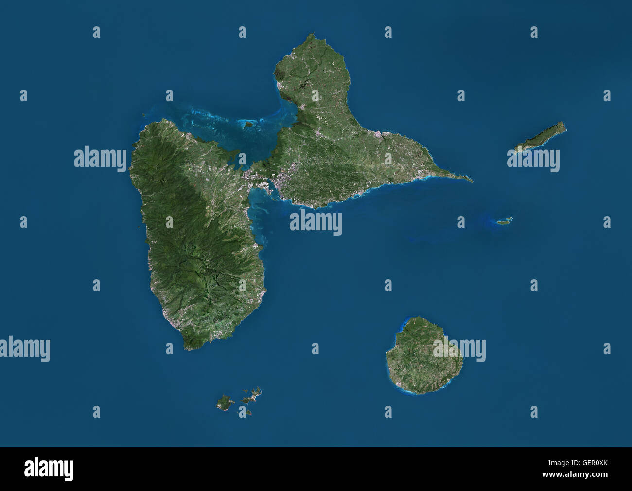 Vue satellite de la Guadeloupe. Cette image a été compilé à partir de données acquises par les satellites Landsat. Banque D'Images