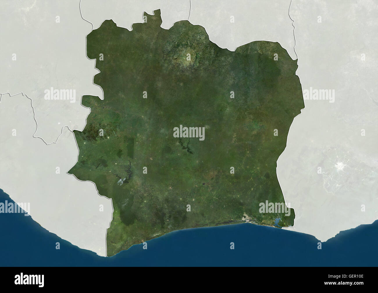 Vue satellite de la Côte d'Ivoire (avec des frontières et masque). Cette image a été compilé à partir de données acquises par les satellites Landsat. Banque D'Images