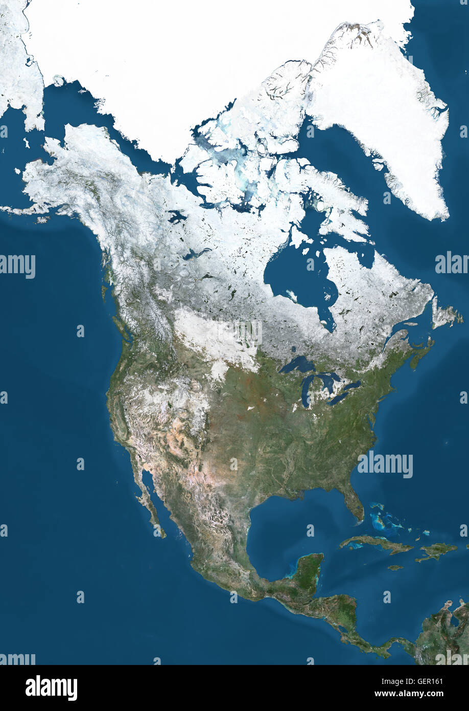 Vue Satellite de l'Amérique du Nord en hiver, avec vue partielle de la couverture de neige et les glaces de l'Arctique. Cette image a été compilé à partir de données acquises par les satellites Landsat 7 et 8. Banque D'Images