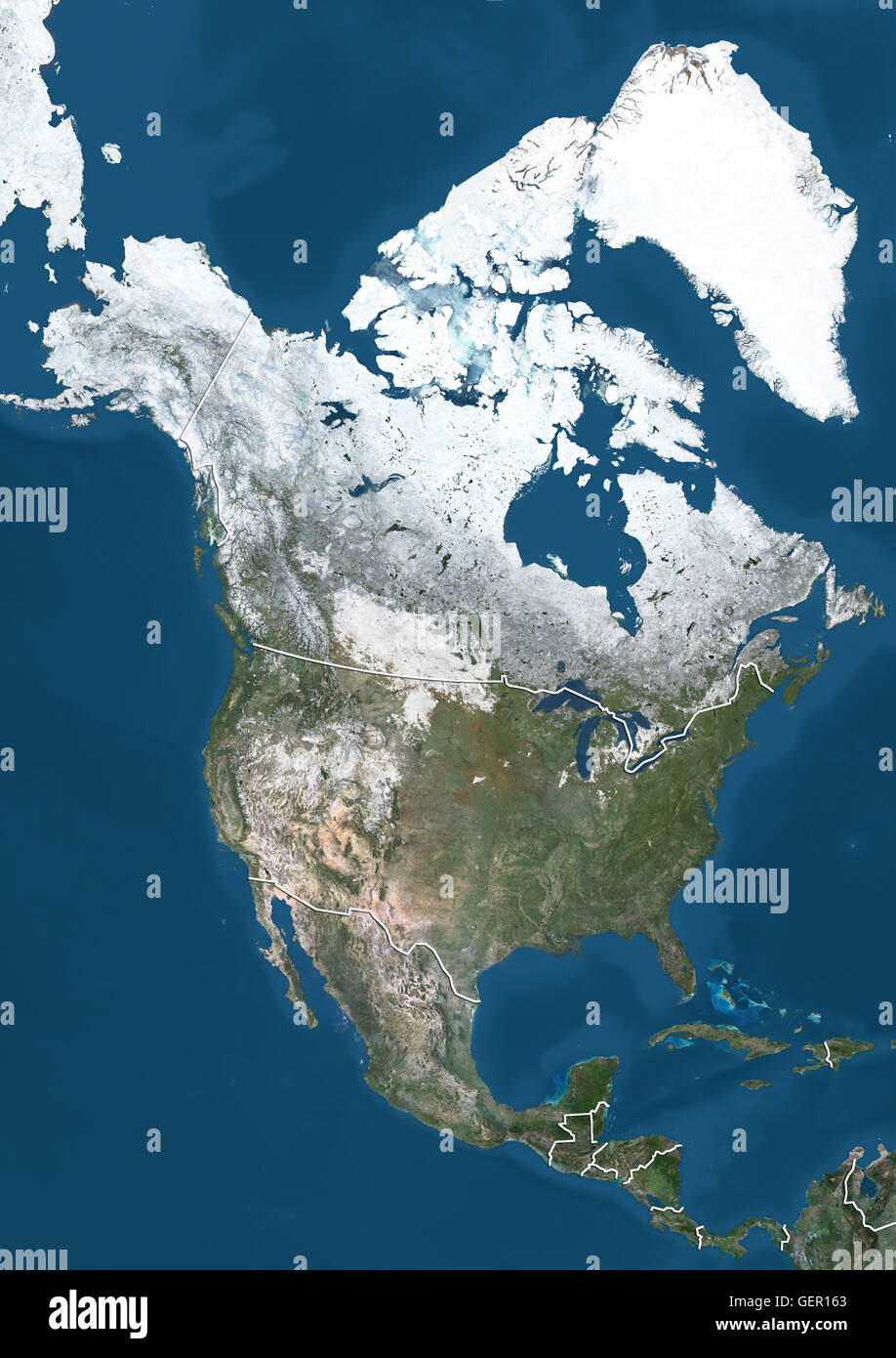 Vue Satellite de l'Amérique du Nord en hiver, avec la couverture de neige partielle (avec des frontières). Cette image a été compilé à partir de données acquises par les satellites Landsat 7 et 8. Banque D'Images