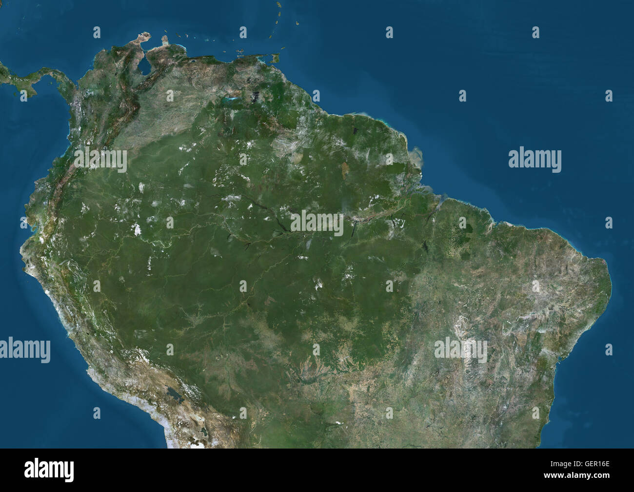 Vue du nord de l'Amérique du Sud. Cette image a été compilé à partir de données acquises par les satellites Landsat 7 et 8. Banque D'Images