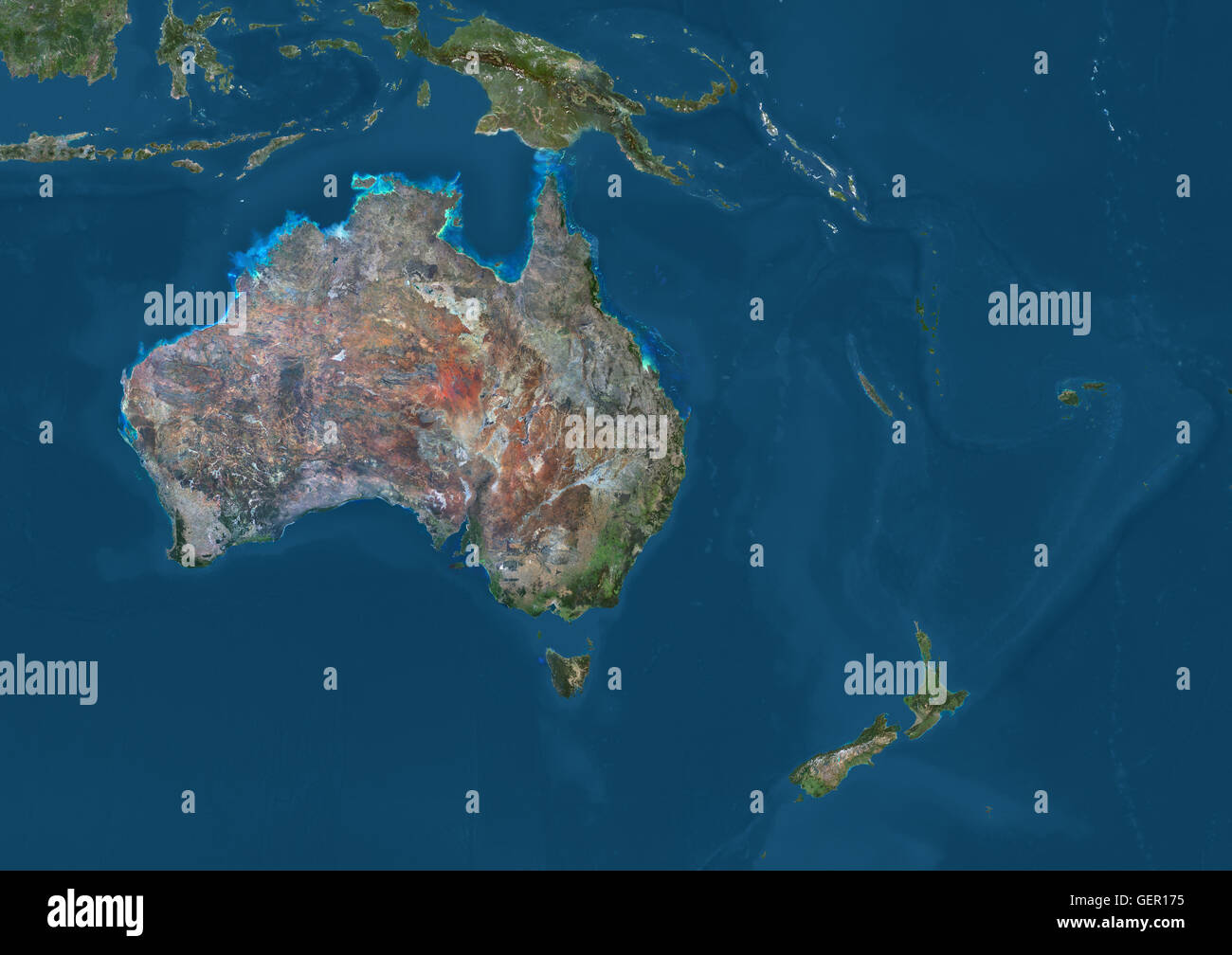 Vue Satellite de l'Océanie. Cette image a été compilé à partir de données acquises par les satellites Landsat 7 et 8. Banque D'Images