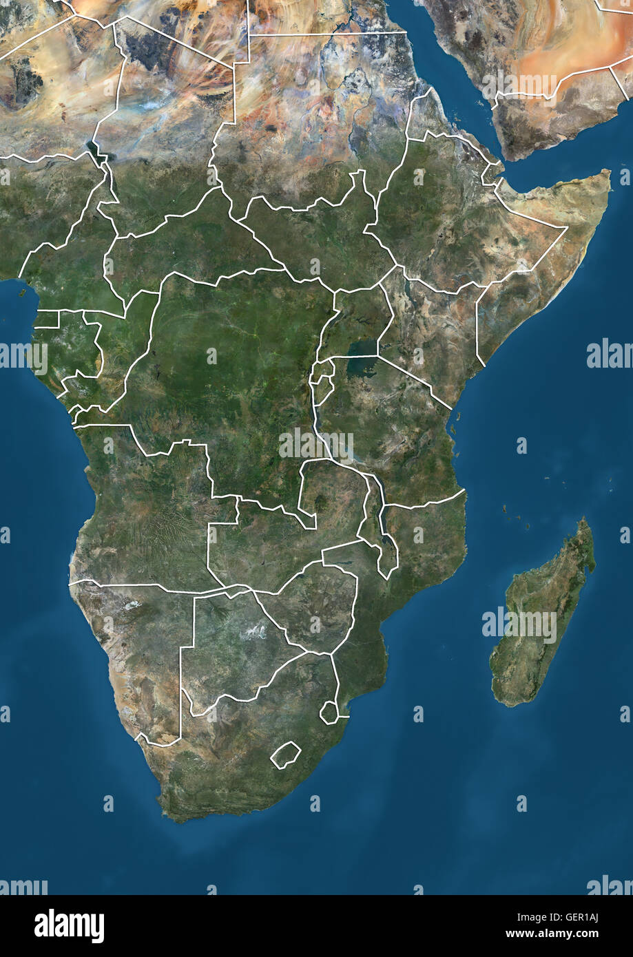 Vue Satellite de l'Afrique australe (avec des frontières). Il montre la région des Grands Lacs africains. Cette image a été compilé à partir de données acquises par les satellites Landsat 7 et 8. Banque D'Images