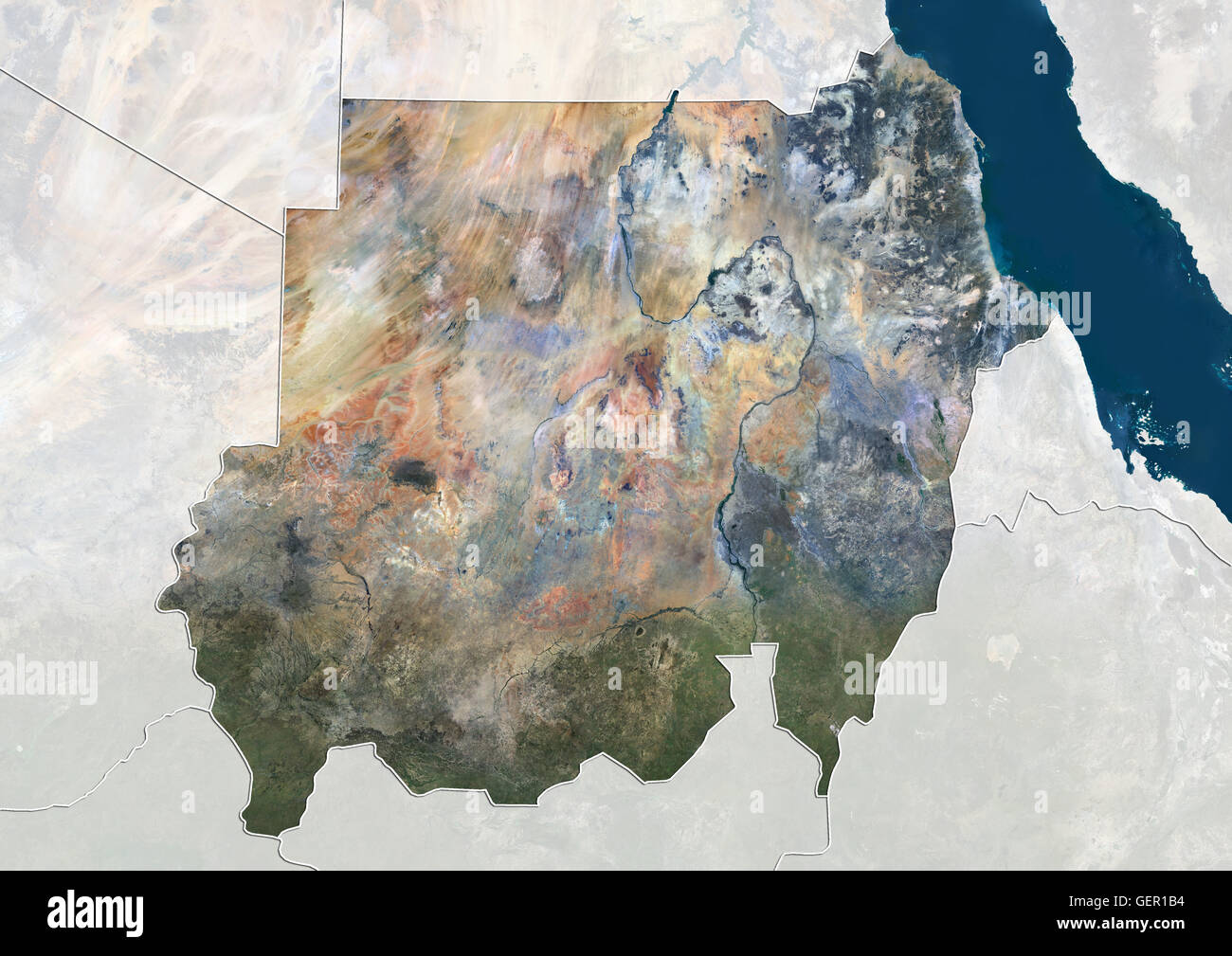 Vue Satellite du Soudan (avec des frontières et masque). Cette image a été compilé à partir de données acquises par satellite Landsat 8 en 2014. Banque D'Images