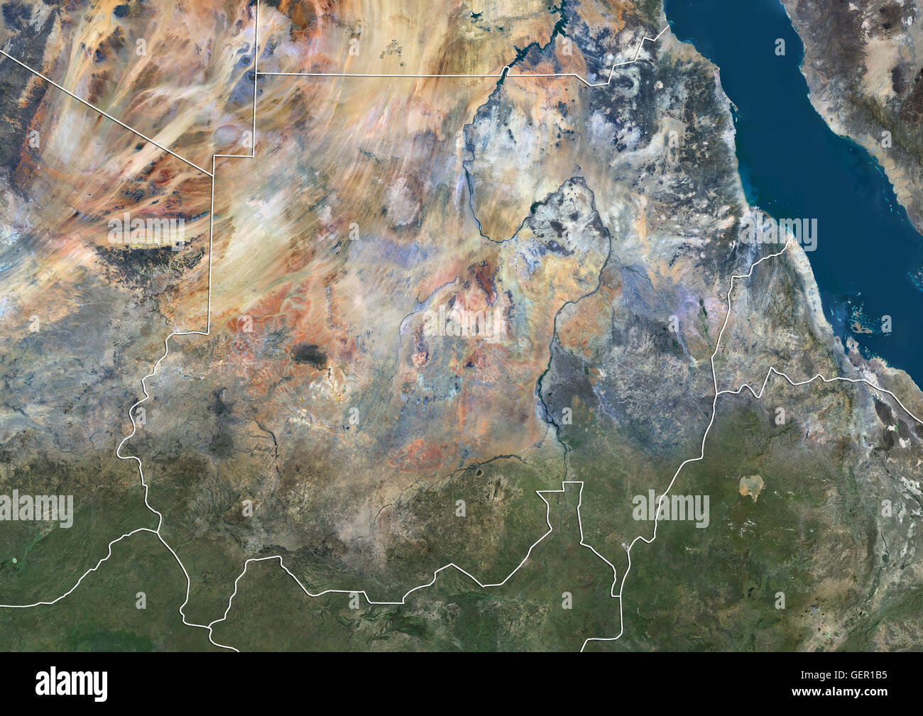 Vue Satellite du Soudan (avec des frontières). Cette image a été compilé à partir de données acquises par satellite Landsat 8 en 2014. Banque D'Images