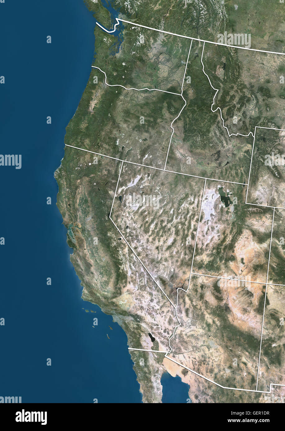 Satellite de la côte ouest des États-Unis (avec des limites administratives). Cette image a été compilé à partir de données acquises par les satellites Landsat. Banque D'Images