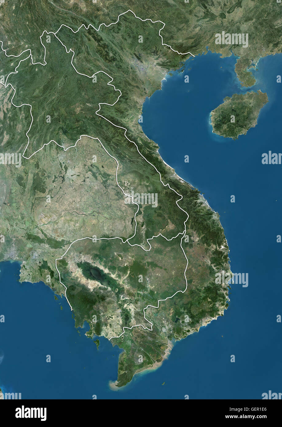 Vue Satellite du Vietnam, Cambodge et Laos (avec des frontières). Cette image a été compilé à partir de données acquises par les satellites Landsat. Banque D'Images