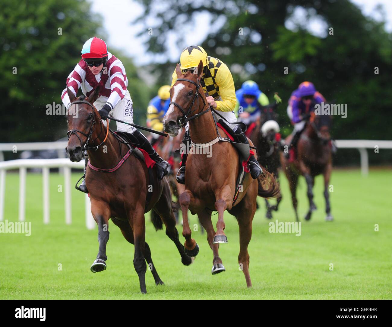 Muthaza monté par Ruby Walsh (à droite) s'allume pour gagner l'hôtel Raddisson & Galway Galway Bay Hotel obstacle novice au cours de la première journée de la Galway Festival à Ballybrit, République d'Irlande. Banque D'Images