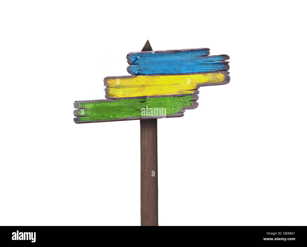 Des panneaux de direction en bois de couleur pastel, isolated on white Banque D'Images