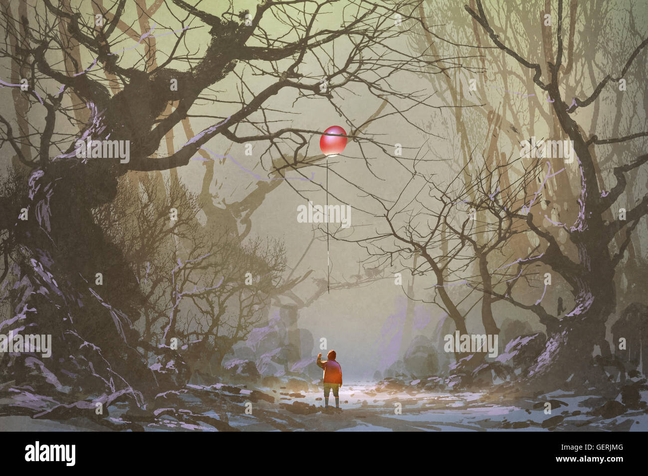 Boy looking up ballon rouge coincé dans une des branches d'arbre,seul dans forêt sombre,illustration,peinture numérique Banque D'Images
