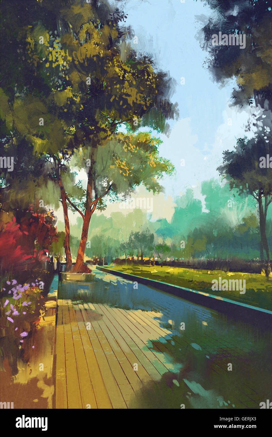 Peinture de beau jardin,parc de la ville,illustration Banque D'Images