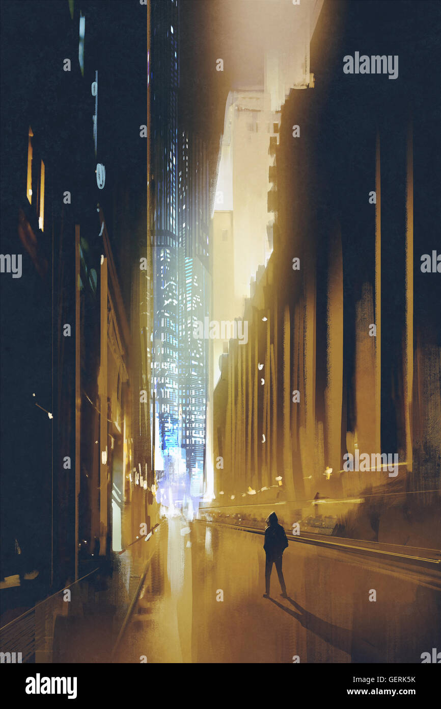 Ruelle de la ville de nuit et silhouette de l'homme marche seul,illustration,peinture numérique Banque D'Images