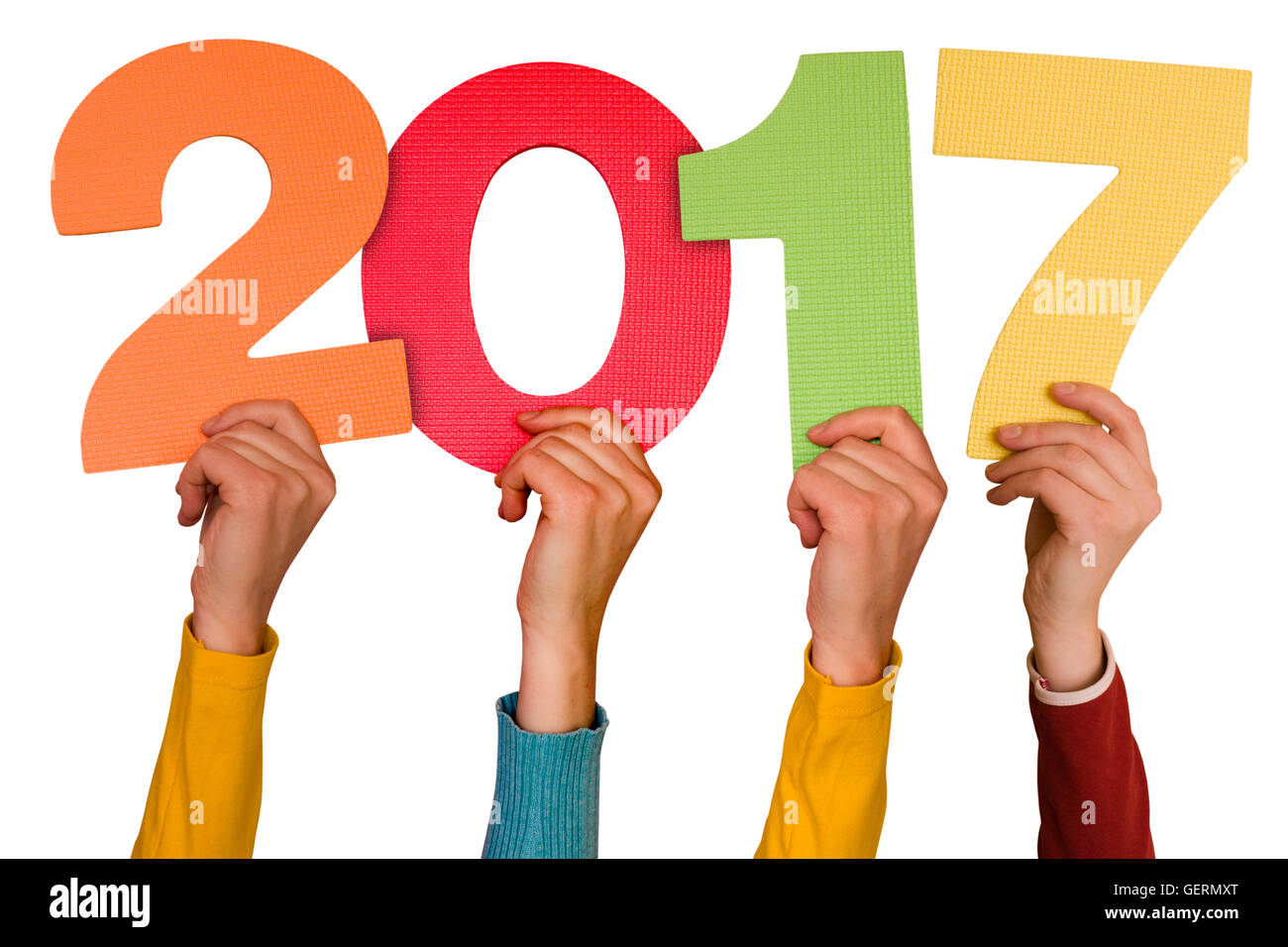 Les mains avec numéros de couleur indique l'année 2017. Isolé sur fond blanc Banque D'Images