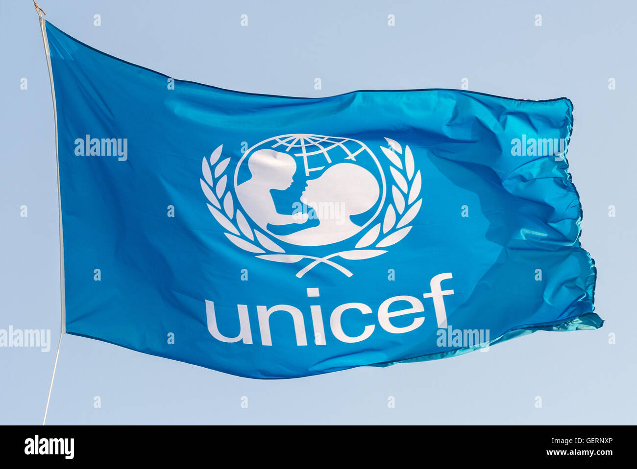 Gênes, Italie, le drapeau de l'Unicef Banque D'Images