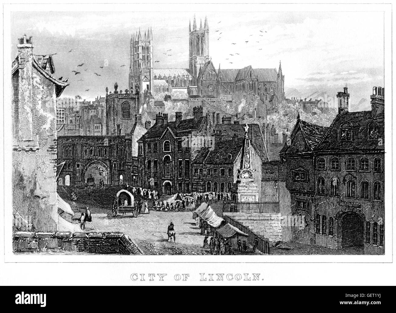 Une gravure de la ville de Lincoln numérisées à haute résolution à partir d'un livre imprimé en 1846. On croit être libres de droit. Banque D'Images Une gravure de la ville de Lincoln numérisées à haute résolution à partir d'un livre imprimé en 1846. On croit être libres de droit. Banque D'Images