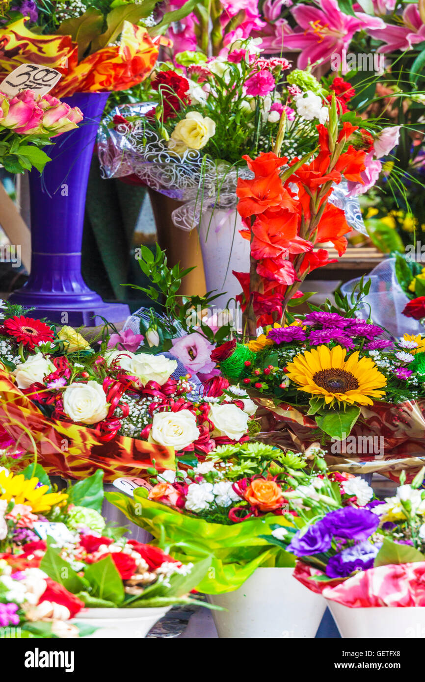 Bouquets de fleurs sur l'affichage à la Fleur de sel du marché Place du marché de Wroclaw ou Plac Solny. Banque D'Images