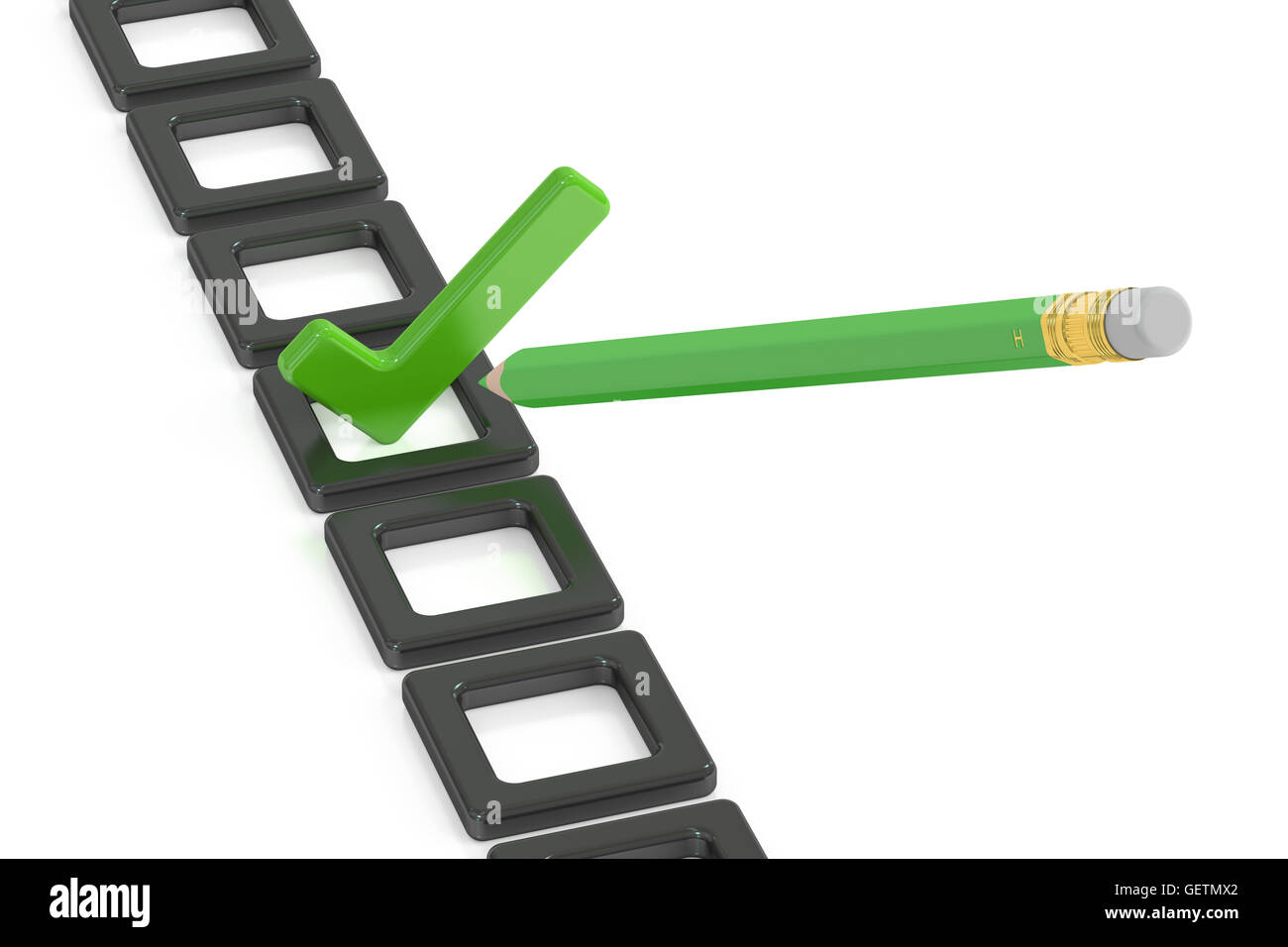 Liste de contrôle et un crayon vert, rendu 3D isolé sur fond blanc Banque D'Images