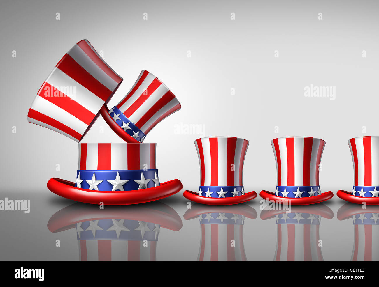 L'augmentation de la population américaine concept démographique comme un grand United States top hat donnant naissance à de petits chapeaux comme un symbole national de la croissance la fertilité ou l'augmentation des électeurs pour un 3D illustration. Banque D'Images