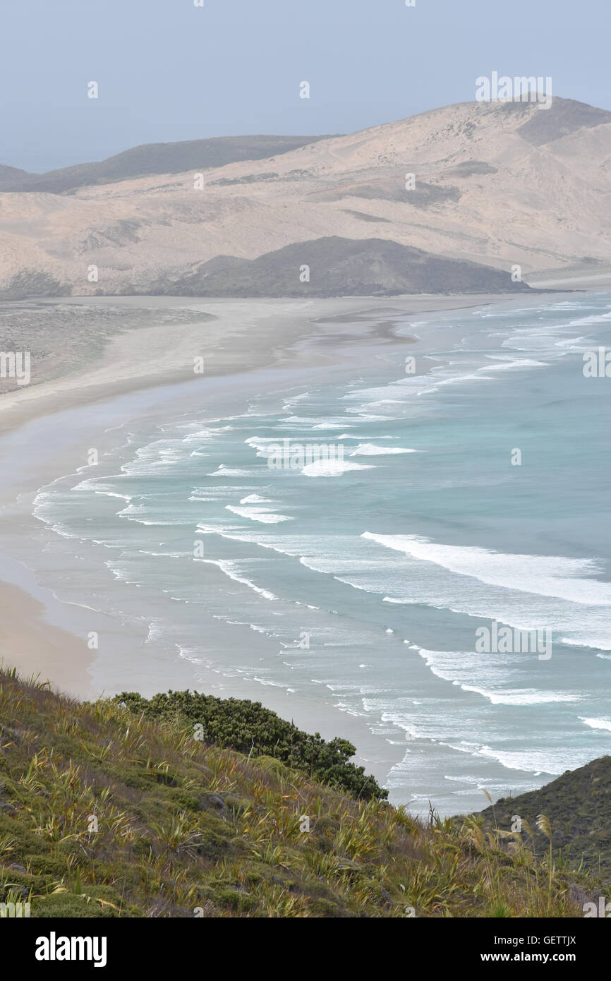 Plages de sable avec des vagues du cap Reinga NZ Banque D'Images