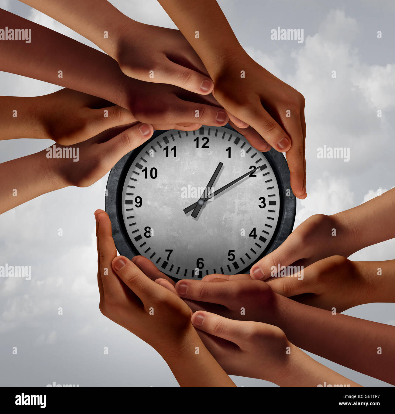 Concept d'équipe de temps en tant que groupe de diverses mains venant ensemble pour tenir une horloge comme un symbole d'affaires pour l'organisation d'une réunion mondiale avec 3D illustration éléments. Banque D'Images