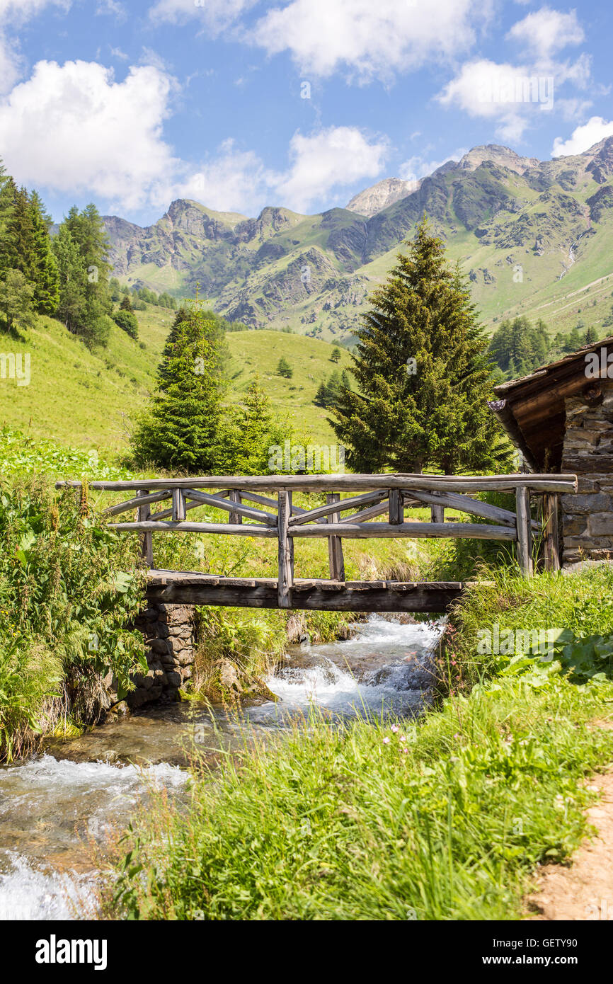 Panorama de montagne vertical avec un pont de bois sur un ruisseau - Ponte di Legno, Italie Banque D'Images