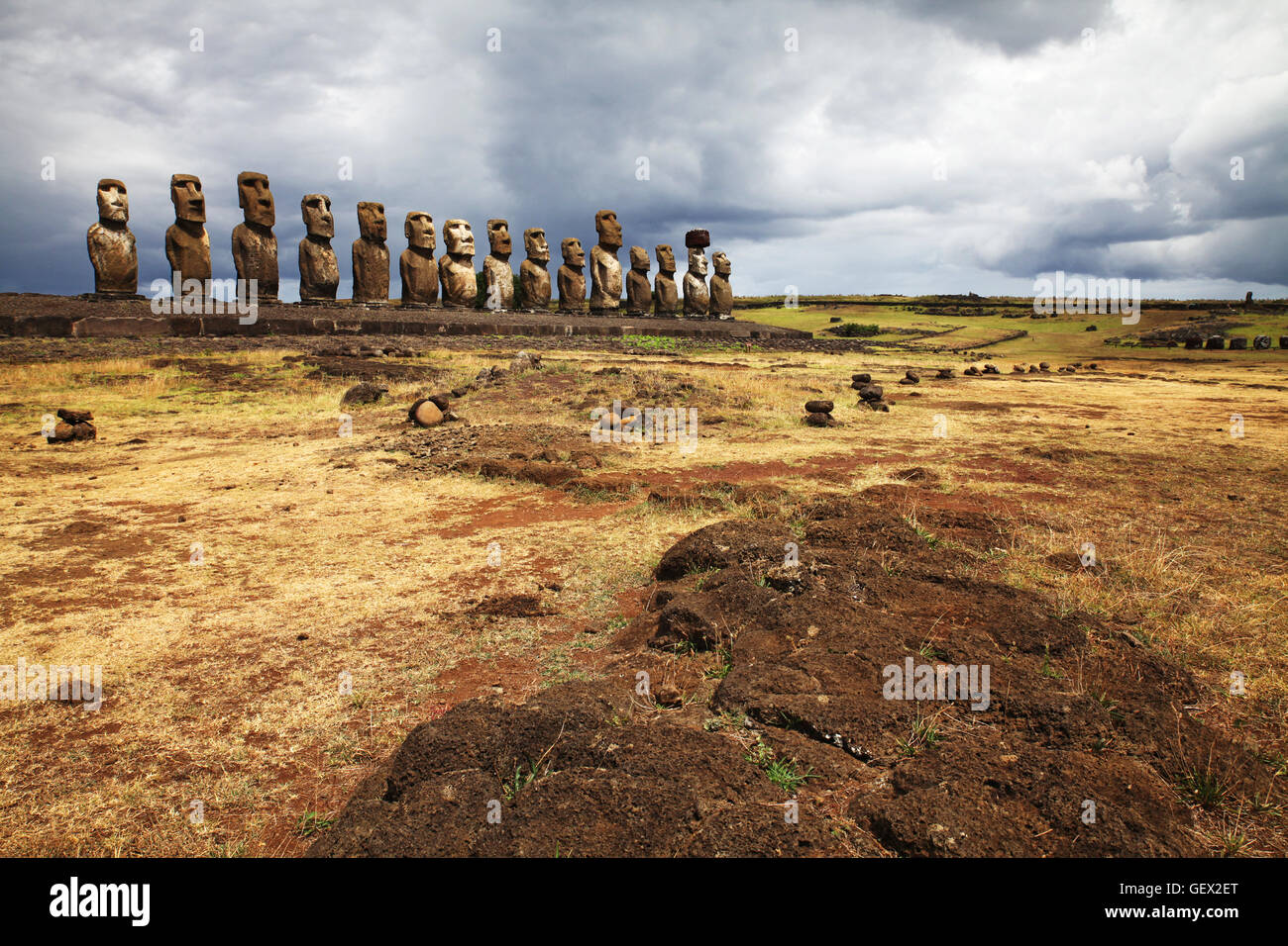 Sculptures antiques sur l'île de l'Est (rapa nui) en polynésie, Chili Banque D'Images