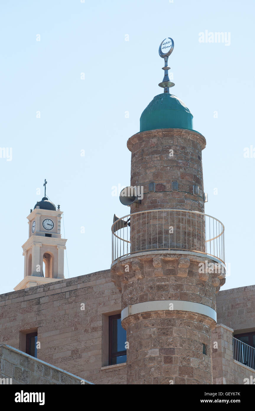 Jaffa, Israël, Moyen Orient : le minaret de la mosquée Al Bahr dans la vieille ville, connue comme la Mosquée Bleue, La mer la plus ancienne mosquée existante à Jaffa Banque D'Images