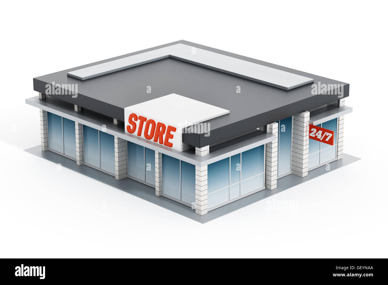 Generic store front isolé sur fond blanc. 3D illustration. Banque D'Images