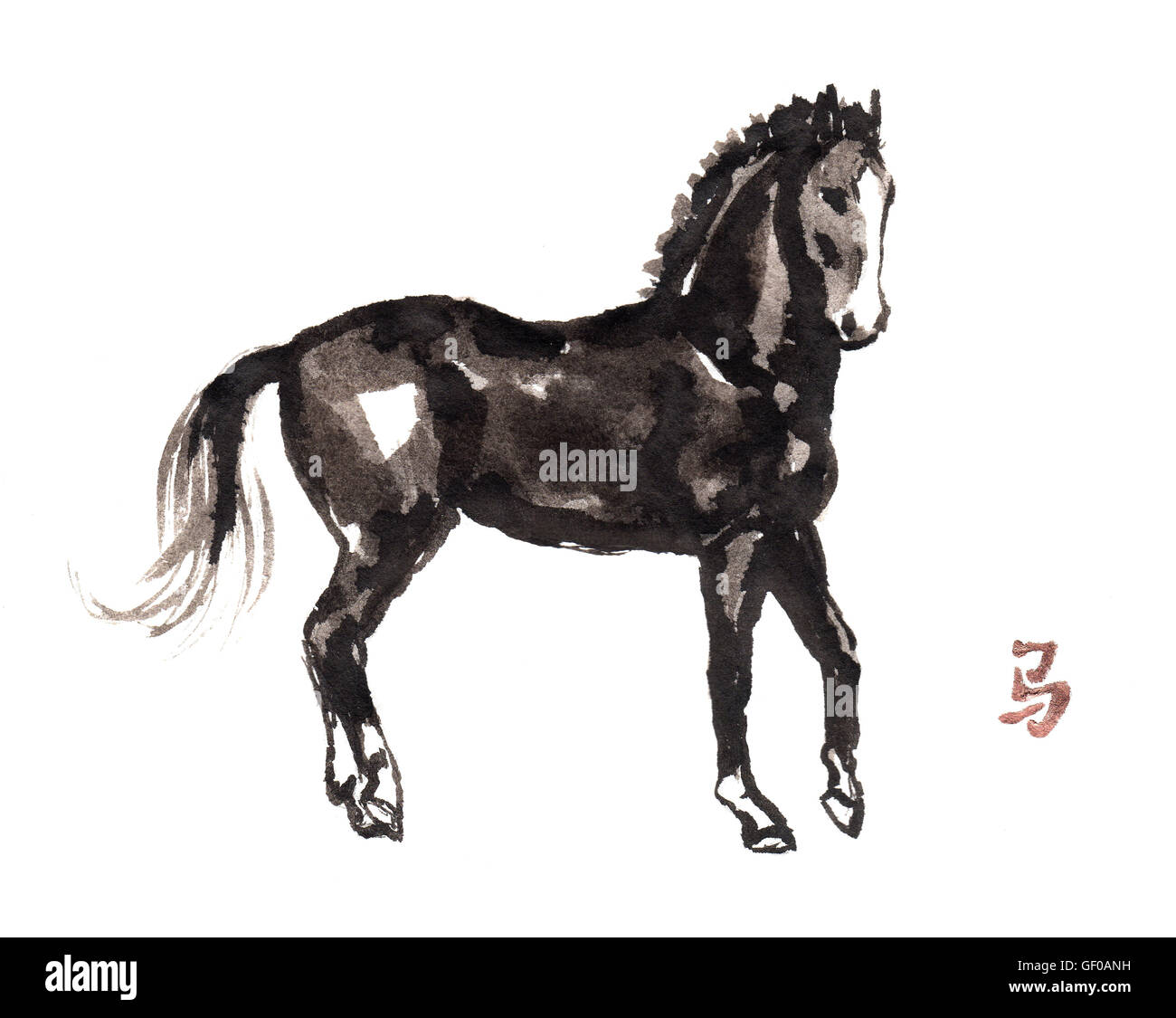 Walking Horse la tête haute avec la peinture d'encre oriental hiéroglyphe chinois 'horse'. Banque D'Images
