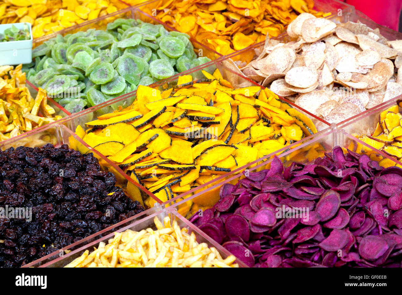 Croustilles de légumes colorées, Taïwan. Banque D'Images