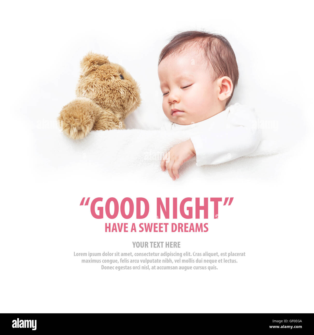 Sommeil Bébé asiatique avec son ours en peluche avec un libellé bonne nuit doux rêves Banque D'Images