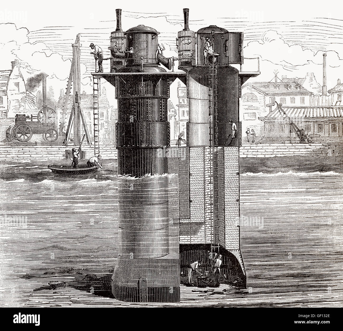 Construction de la Tay Rail Bridge, en Ecosse, avec un caisson, processus Triger, avant le pont de Tay, 1879 Banque D'Images